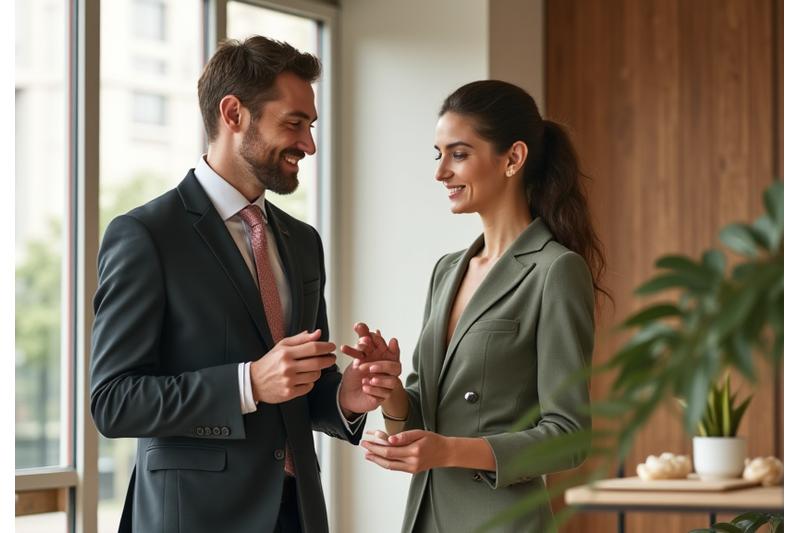 Zakelijke partners bespreken cosmetica samples in een moderne, lichte ruimte