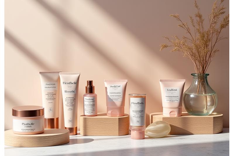 Assortiment van FleurBelle cosmetica producten elegant uitgestald in een winkelomgeving